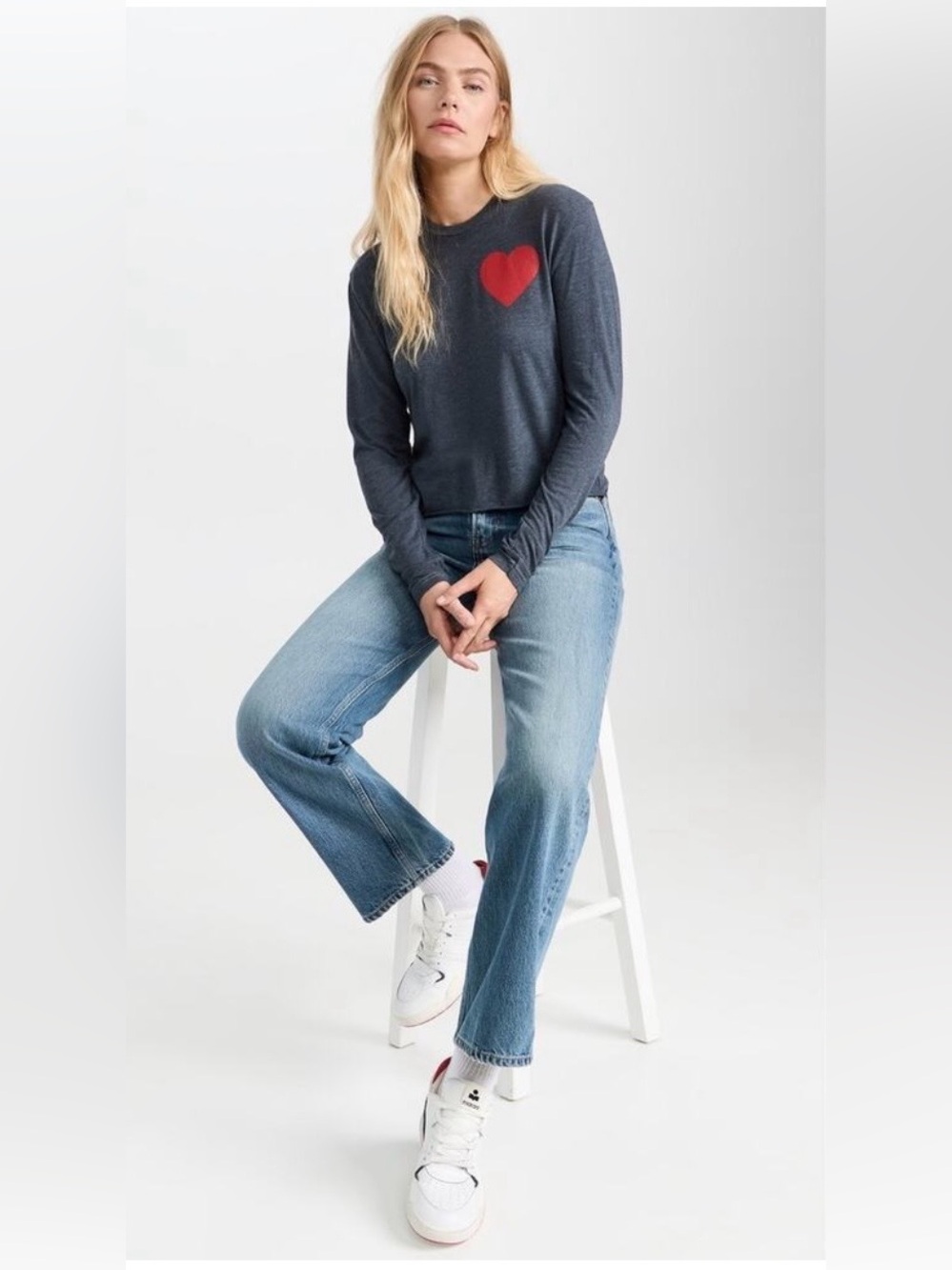 AVIATOR NATION Medium Heart Print Long Sleeve Boyfriend Tee Shirt